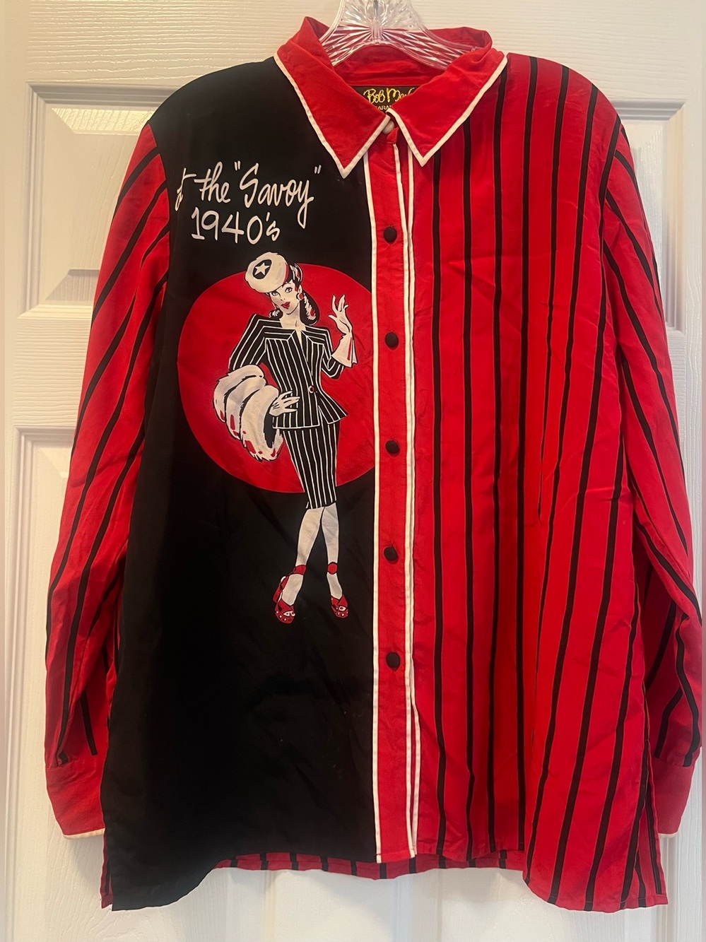 Vintage Bob Mackie 100% Silk Red & Black Graphic Button-Down, size Medium.